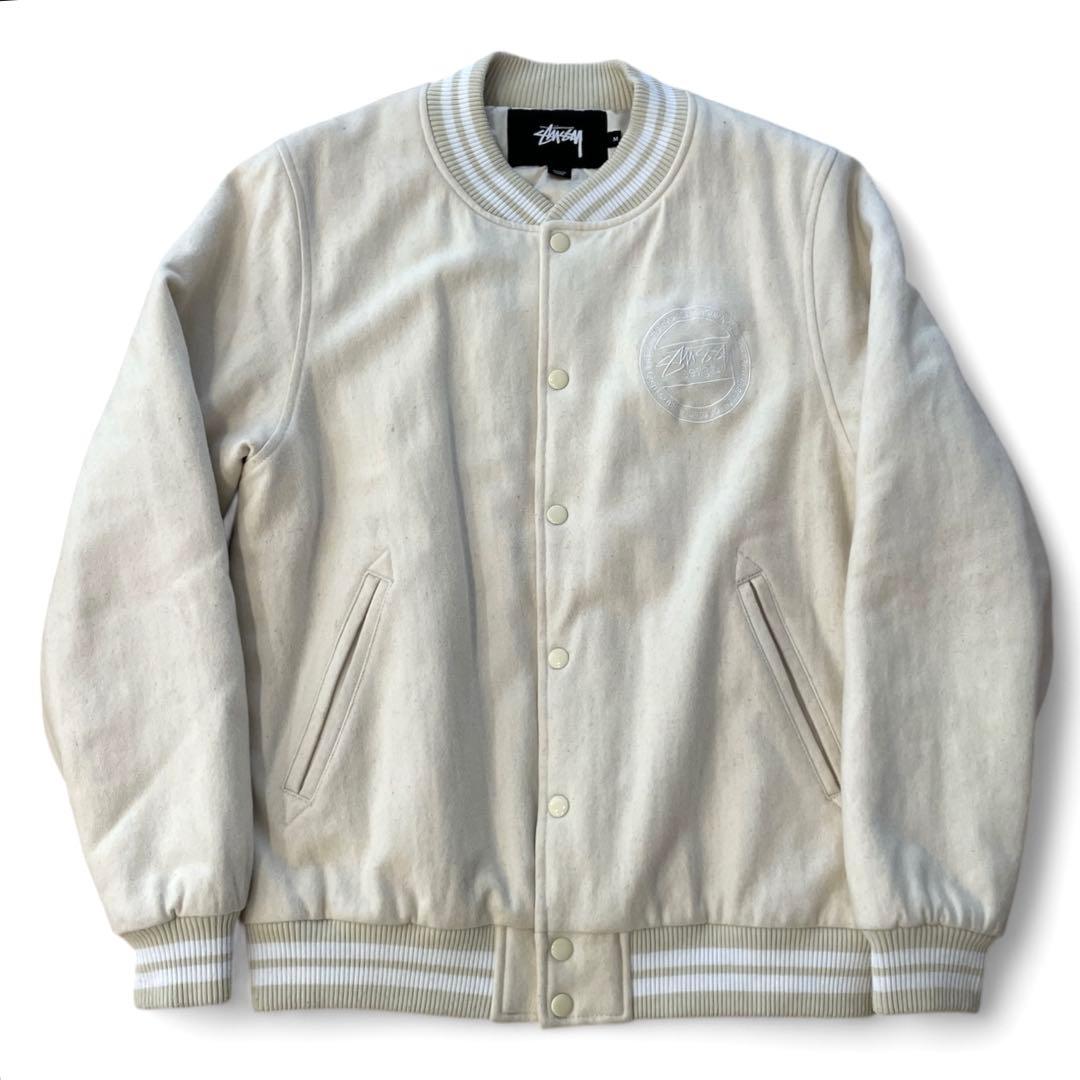 Stussyステューシー　スタジャン　リブライン　オフホワイト　両面ロゴ刺繍　M