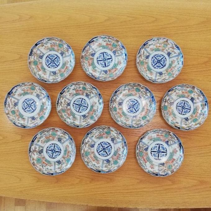 古伊万里 色絵松竹梅鶴亀文 七寸皿　※10客または5客セット※