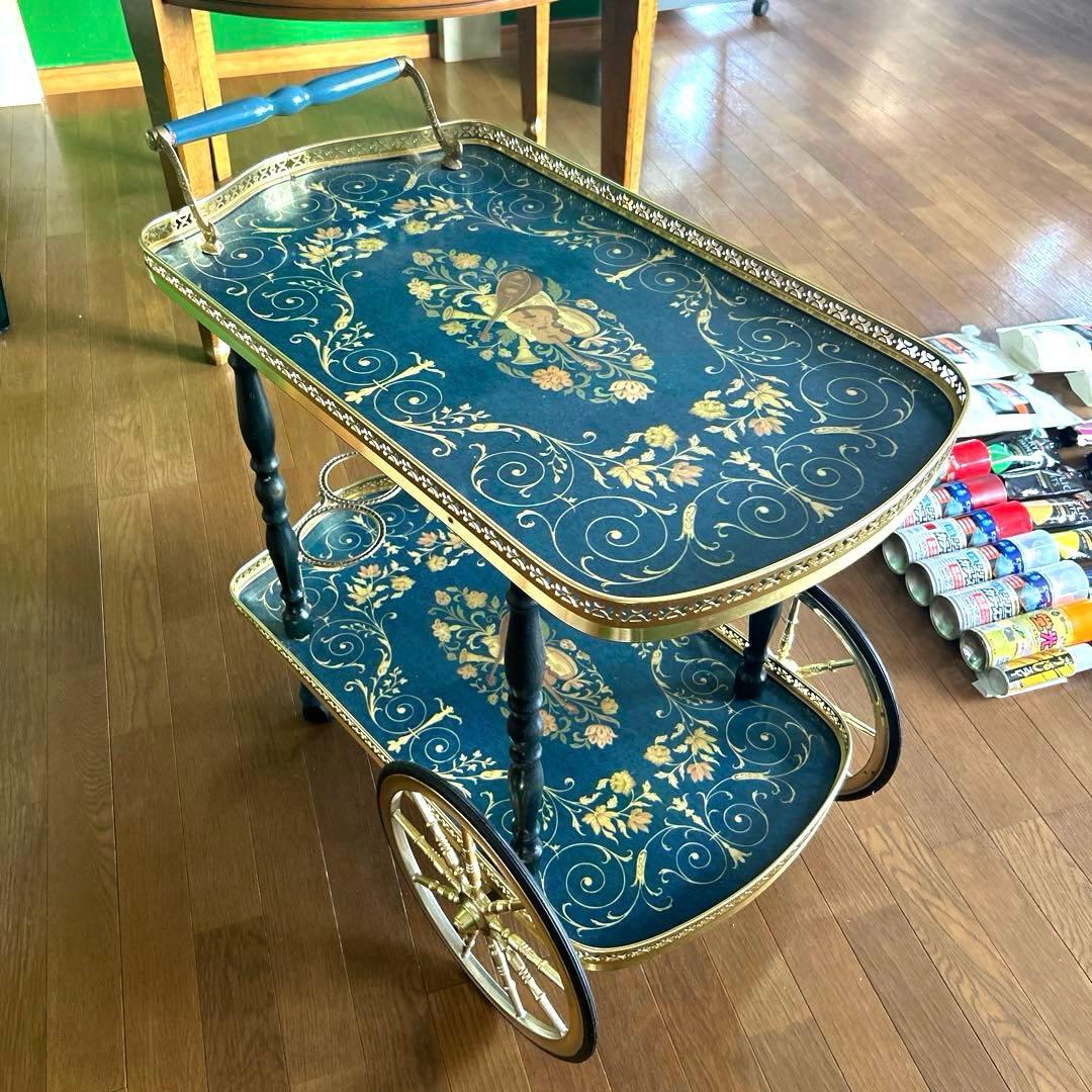 クラシック風 キャスタートレー ワゴン 青色