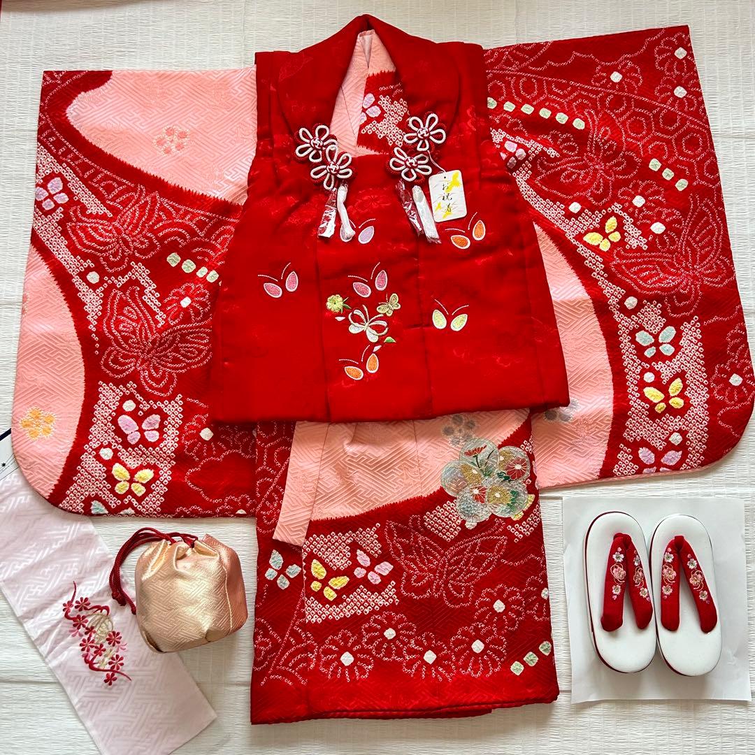 七五三 3歳 フルセット 絞り 着物 正絹 被布 刺繍 三歳 草履 753 刺繍