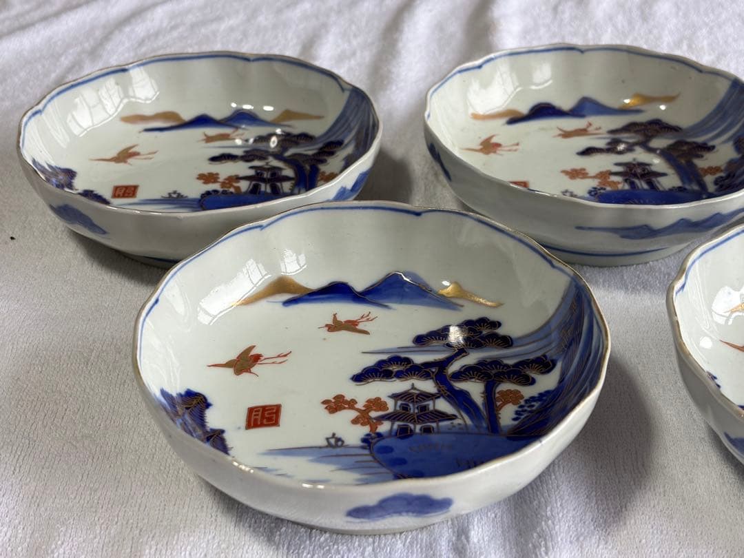 古伊万里　染錦風景画五寸皿5枚セット　なます皿　アンティーク骨董品