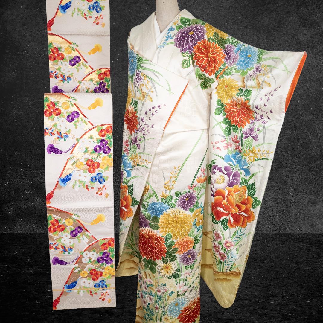 R7SK1314 振袖+帯 2点セット 金彩 草花 豪華 アイボリー 高身長