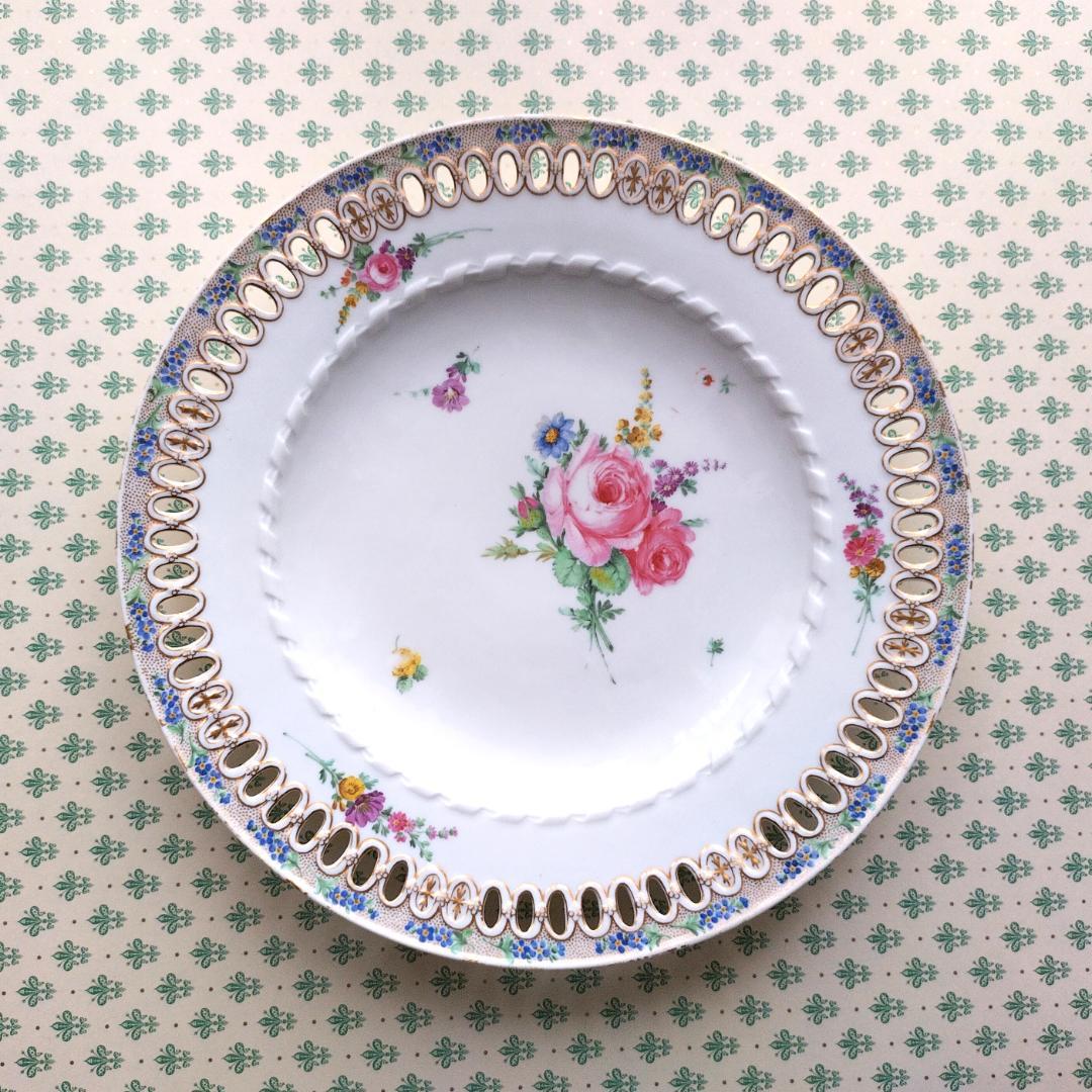 マイセン 1790年頃 金彩透かしと忘れな草のボーダー花絵 デザートプレート