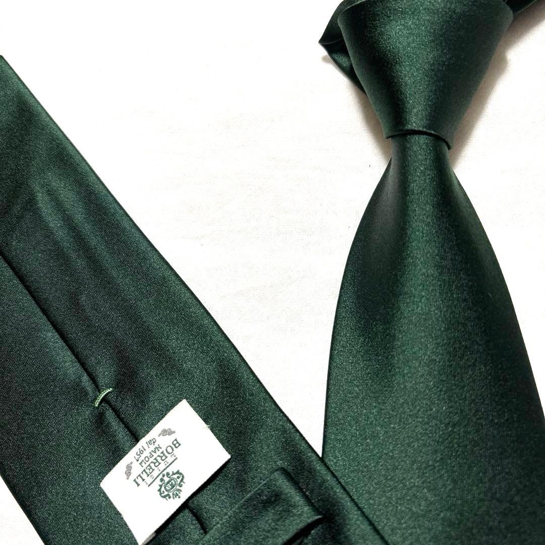 ルイジボレッリ　ネクタイ　無地ソリッド　ダークグリーン　シルクサテン　美品
