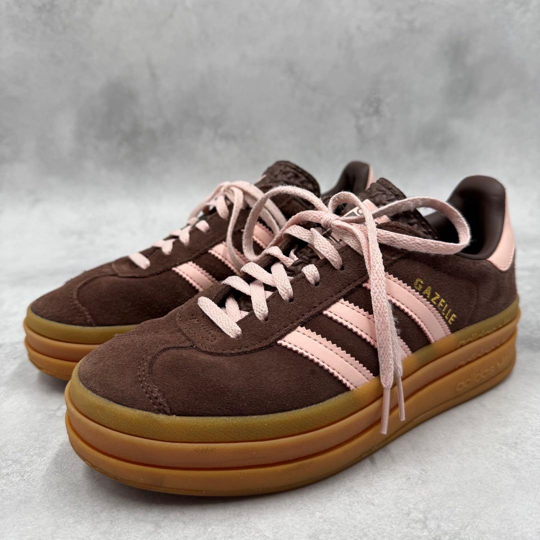addidas ガゼルボールド 厚底 スニーカー ブラウン×ピンク