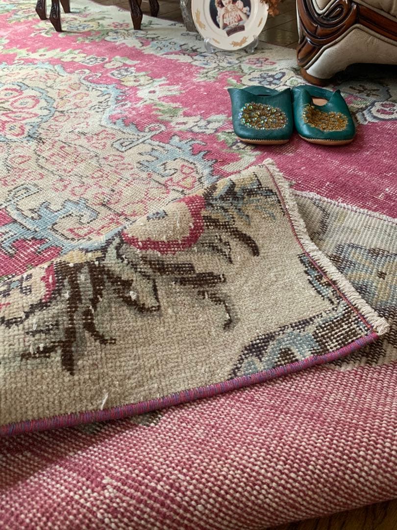超大判　ローズピンク　259×150 トルコヴィンテージラグ　ボタニカル