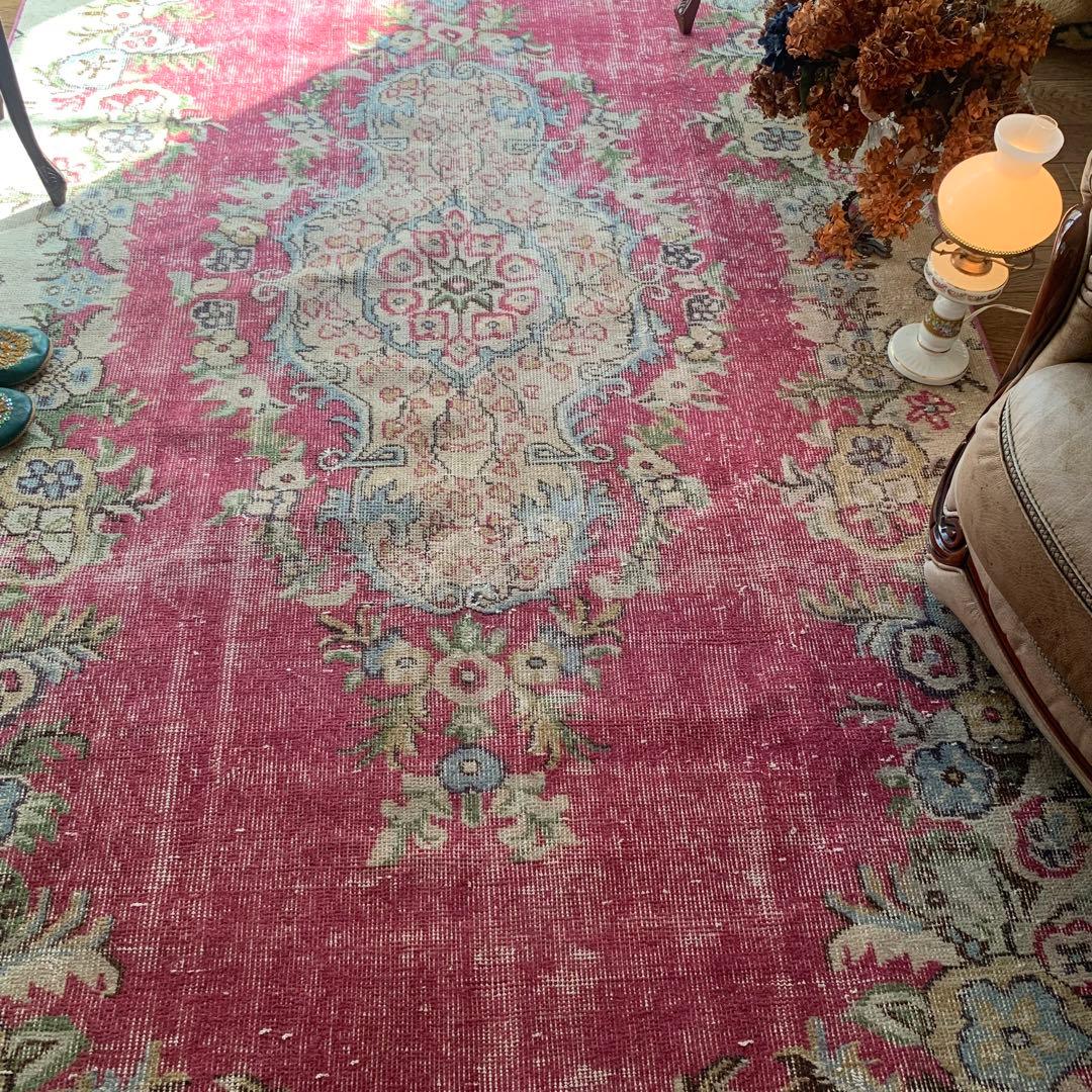 超大判　ローズピンク　259×150 トルコヴィンテージラグ　ボタニカル