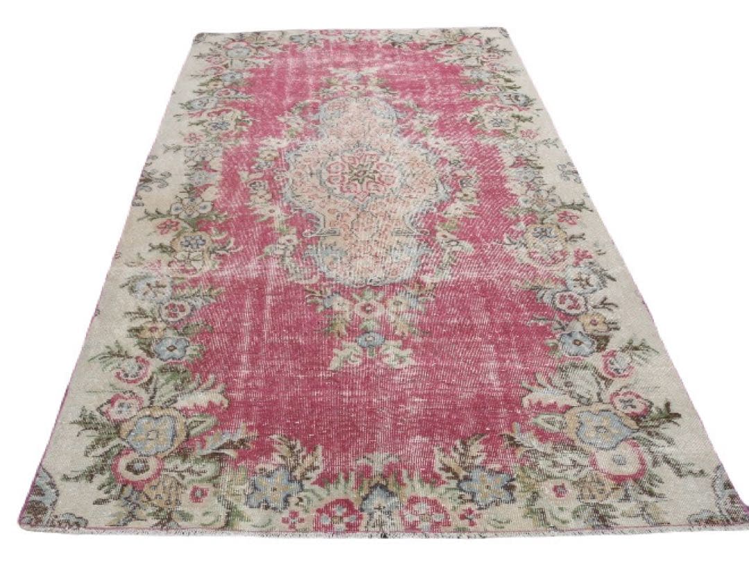 超大判　ローズピンク　259×150 トルコヴィンテージラグ　ボタニカル