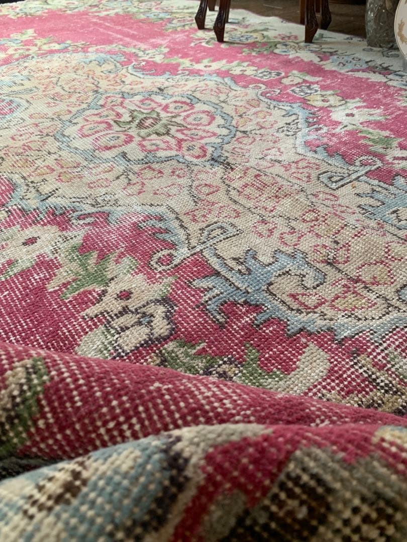 超大判　ローズピンク　259×150 トルコヴィンテージラグ　ボタニカル