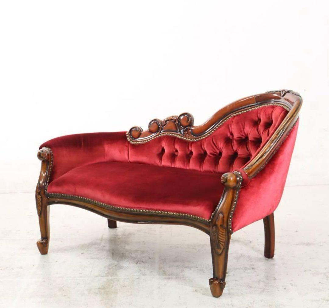 ロココ調 ベンチソファ ベビー用 ドール用 マホガニー材 ベルベット調レッド