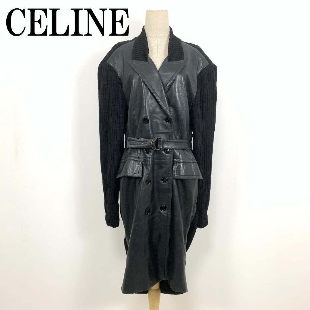 LA7784 CELINE セリーヌ レザー 切替えトレンチコート ブラック46