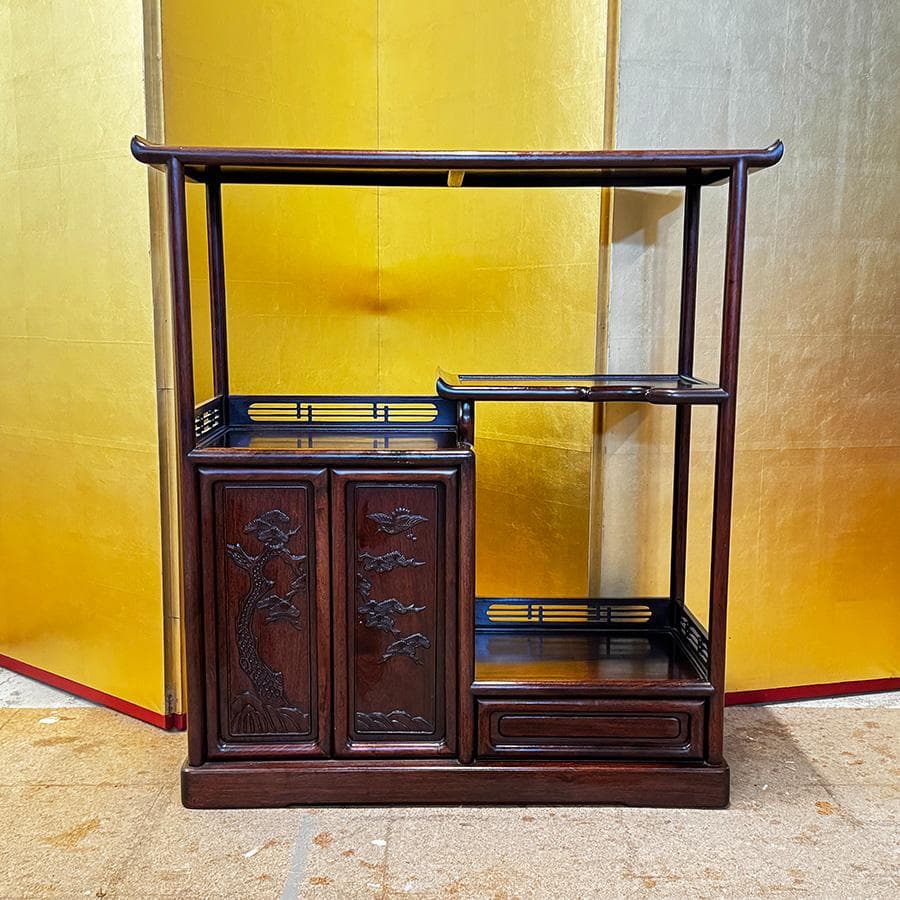 唐木 無垢 小ぶりで人気の茶棚 高さ85cm 違い棚 松のず 茶箪笥 茶室