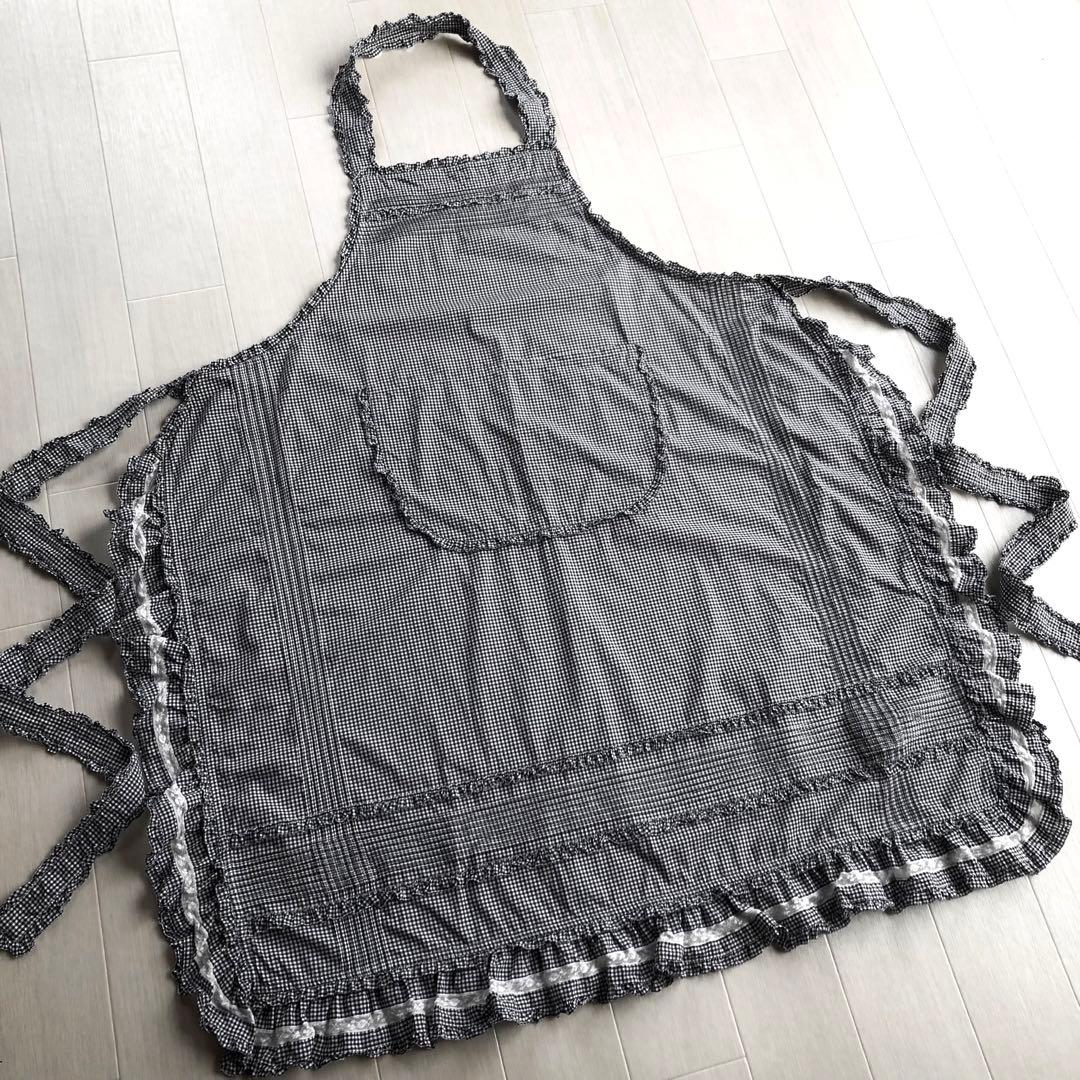 ピンクハウス 白×黒 チェック柄 ピンタック ピコフリル エプロン タブリエ