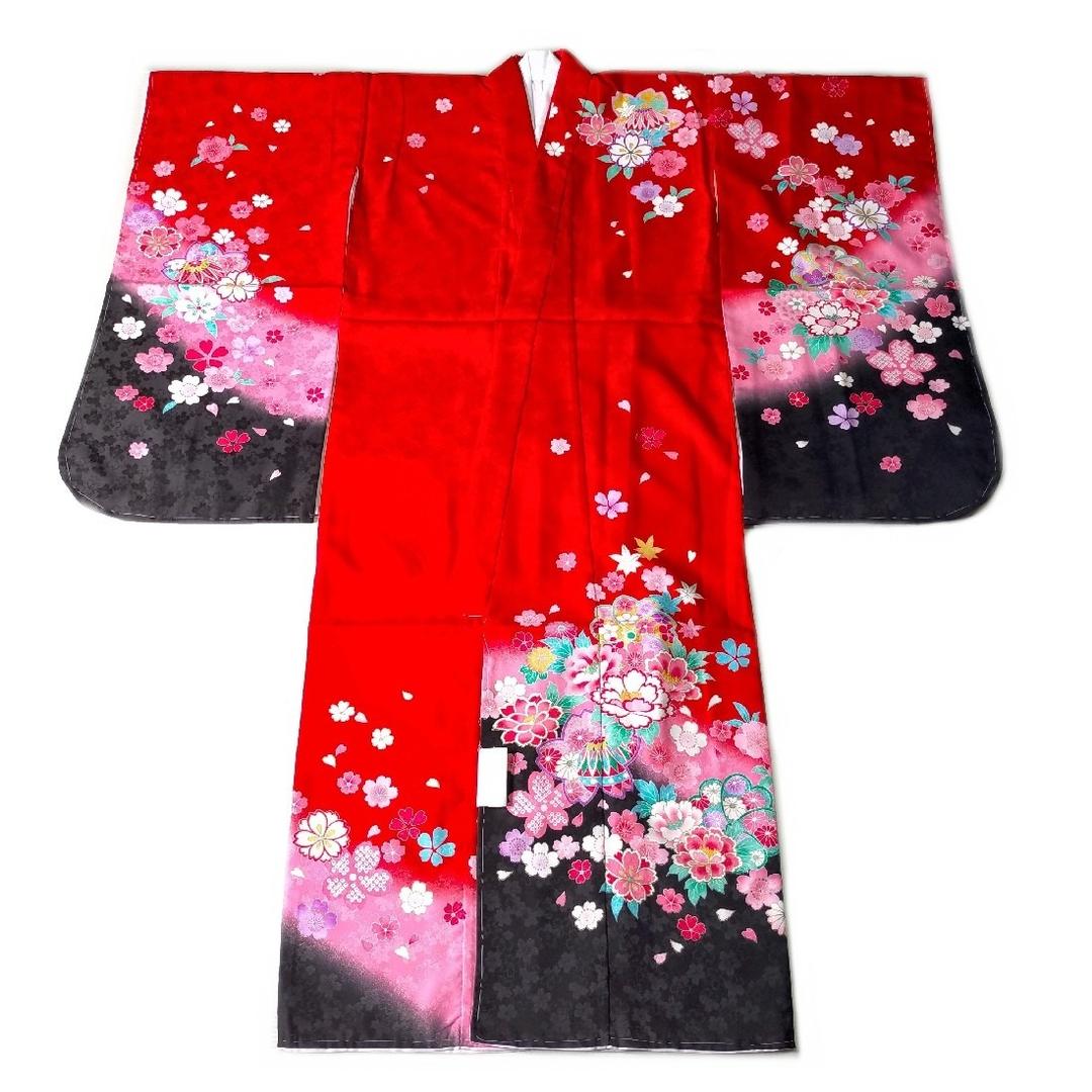 七五三 753 着物 七歳 四つ身着物 赤色地友禅柄 新品 k4125