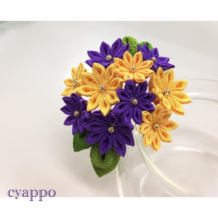 つまみ細工 華かんざし　《紫山吹》
