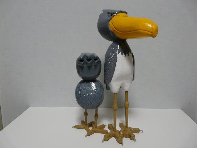 木彫り　置物　ハシビロコウ親子