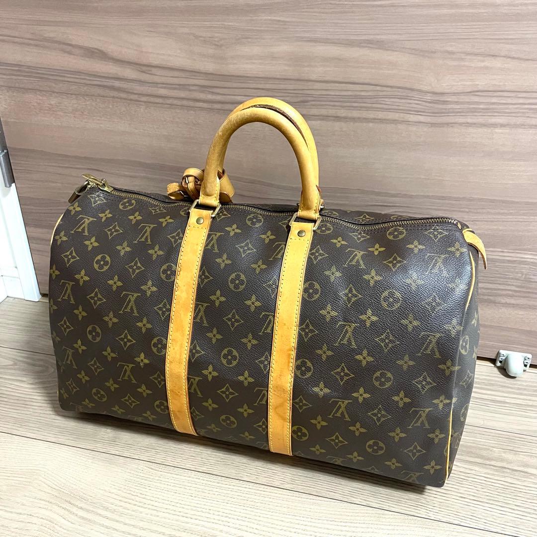 美品/ルイヴィトン　ボストンバッグ　キーポル45 モノグラム　ブラウン　ヌメ革