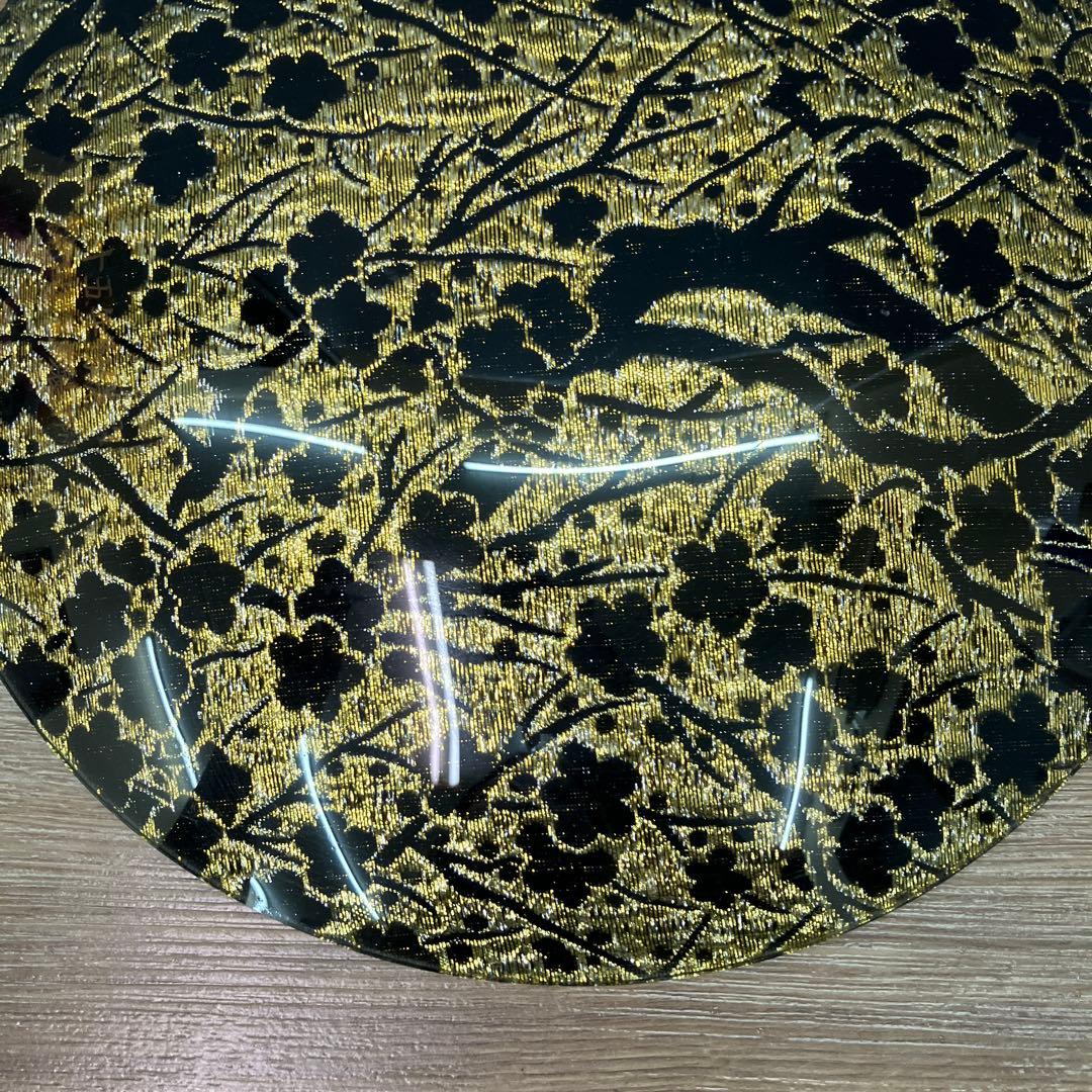 E-1 極美品 ぎやまん 金銀糸 金彩 桜文様刺繍 ガラスプレート 飾り皿 大皿