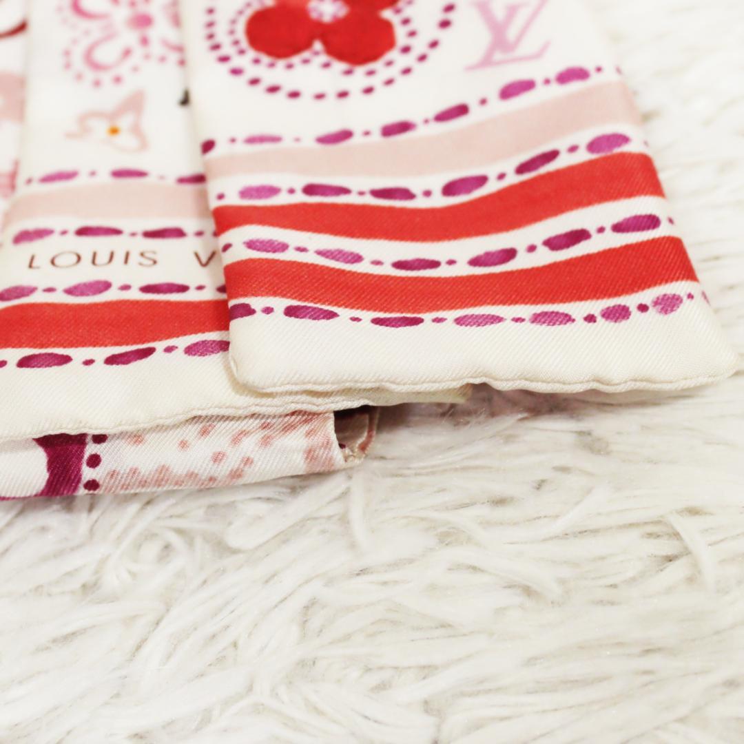 極美品 ルイヴィトン スカーフ バンドー モノグラム ホワイト レッド ピンク