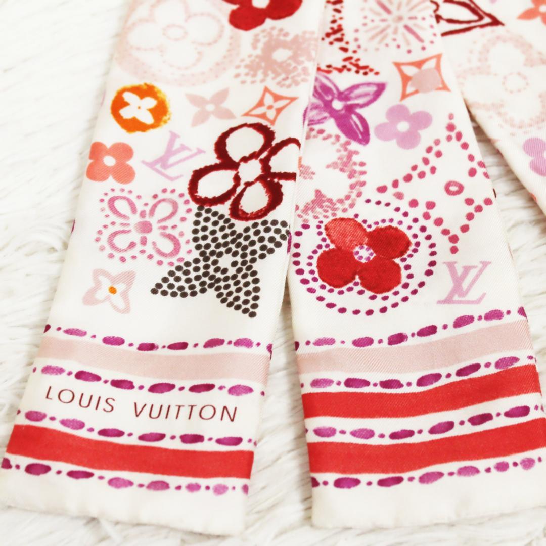 極美品 ルイヴィトン スカーフ バンドー モノグラム ホワイト レッド ピンク