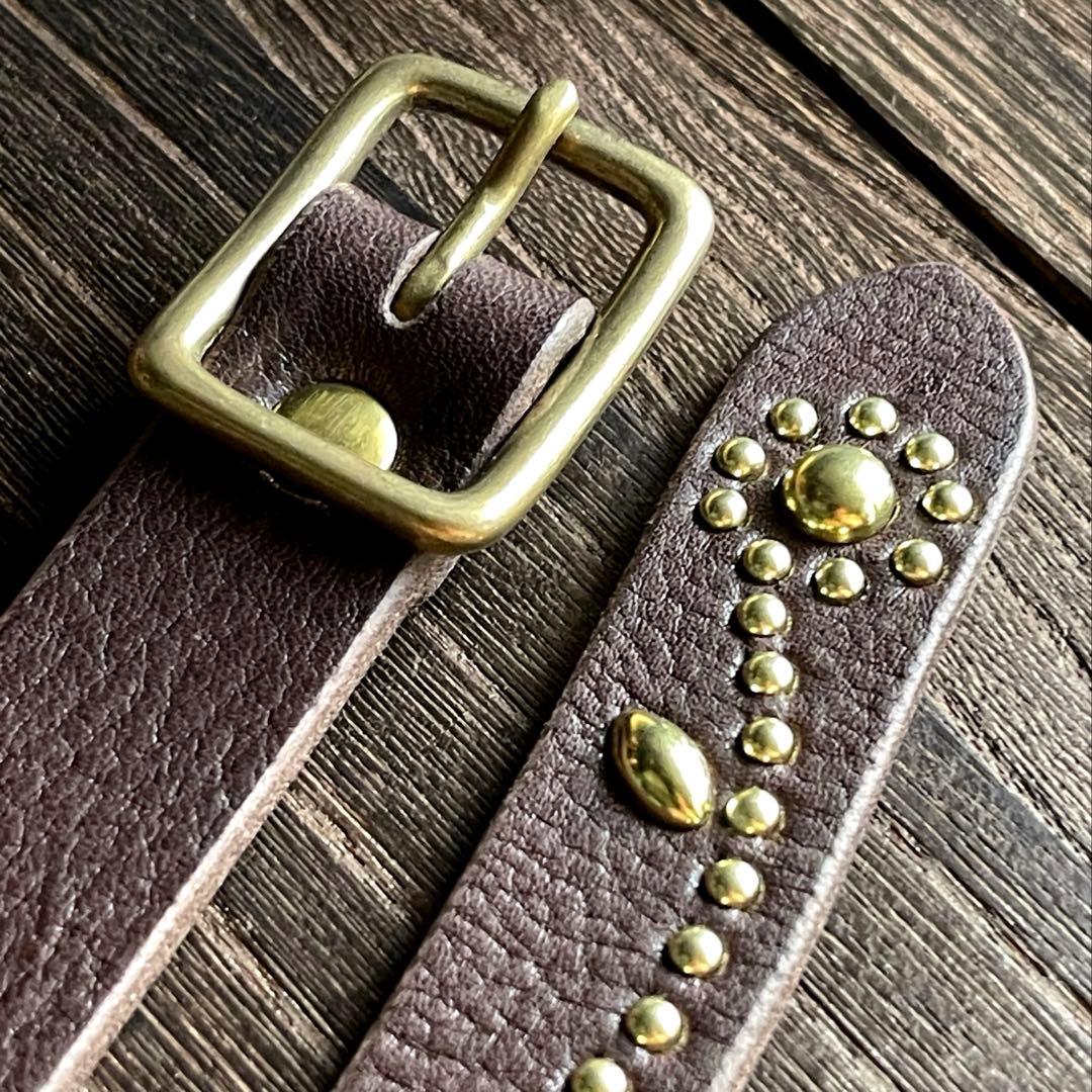 専用品　スタッズナローロングベルト真鍮フラワー　オイルシボ　ブラウン