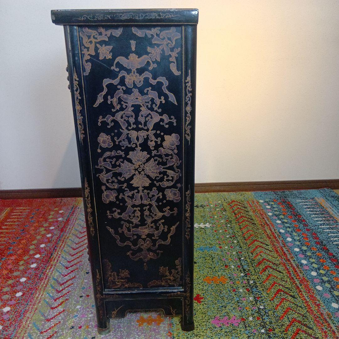 時代物　中国家具　玉入漆金彩キャビネット　アジアン家具