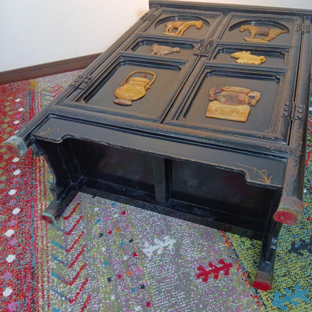 時代物　中国家具　玉入漆金彩キャビネット　アジアン家具