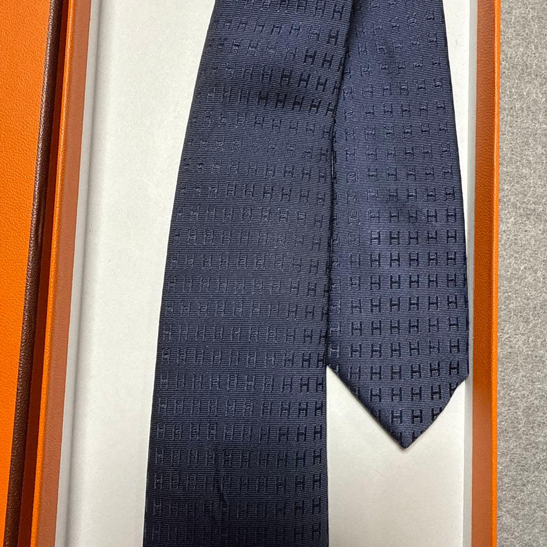 エルメス　ネクタイ　紺ネイビー　H柄H織ファソネ