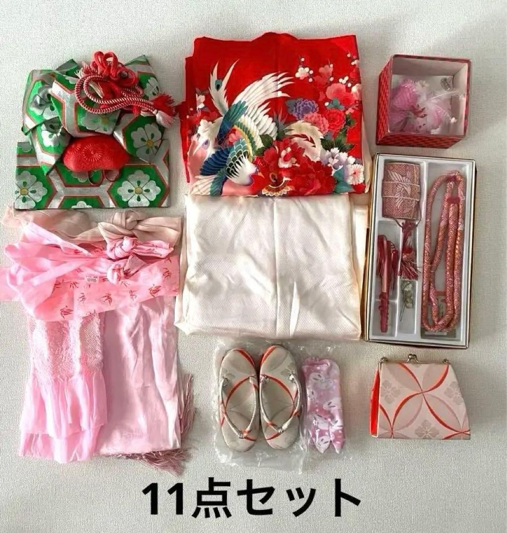 【処分価格❗️】アンティーク 七五三　着物 作り帯 小物一式 フルセット 赤　手毬