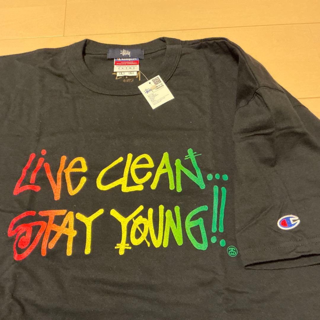 新品00s OLD STUSSY ChampionコラボT LIVE CLEAN