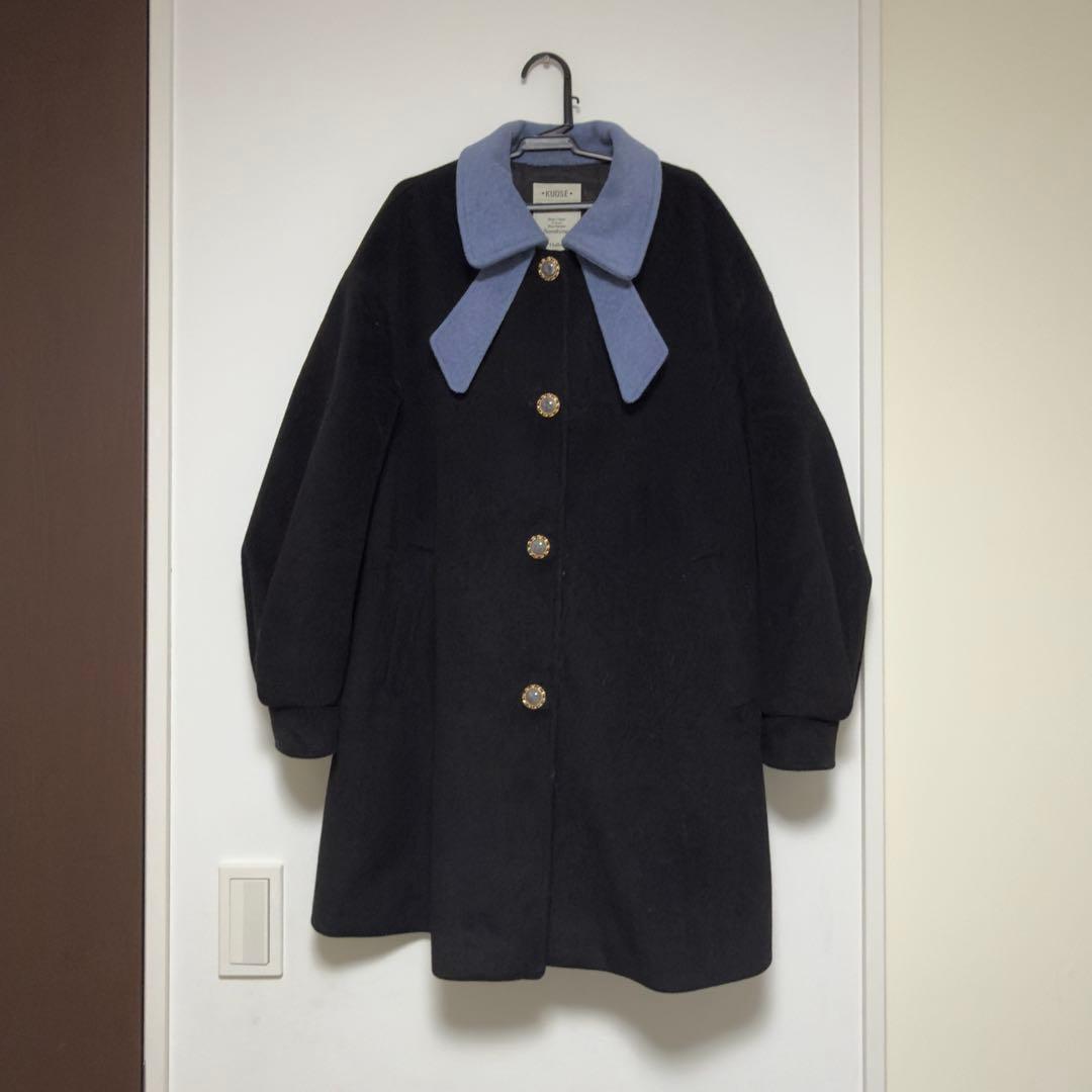 KUOSE ボウカラーコート　リボンカラーコート　バイカラー　S水色　黒　正規品