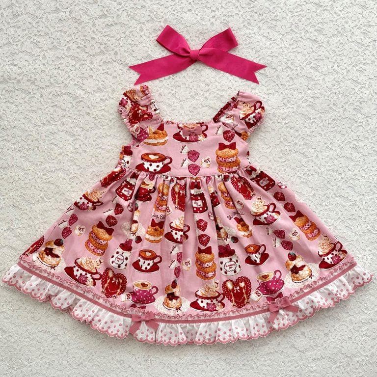 シャーリーカフェプリントワンピース・ピンク120・USED・シャーリーテンプル・