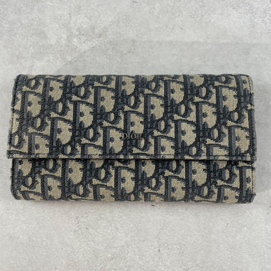 【美品】ディオール 長財布 オブリーク ラウンドファスナー ジャガード 紺色