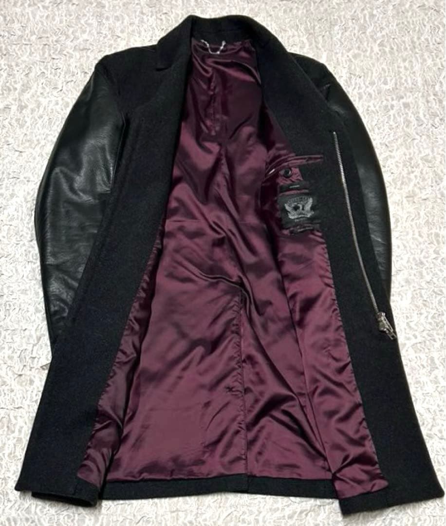 【正規品】 DIESEL チェスターコート レザー 切替 ウール ブラック 牛革