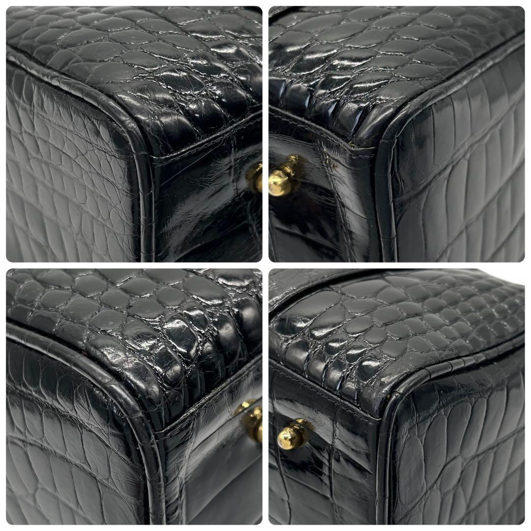 シャイニングクロコ 鰐革 センター取り ボストンバッグ ブラック 光沢加工