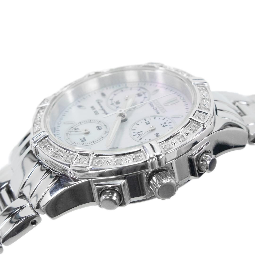 シチズン 腕時計 ソーラー 3針 レディース 白 クロノグラフ シェル盤 ロゴ