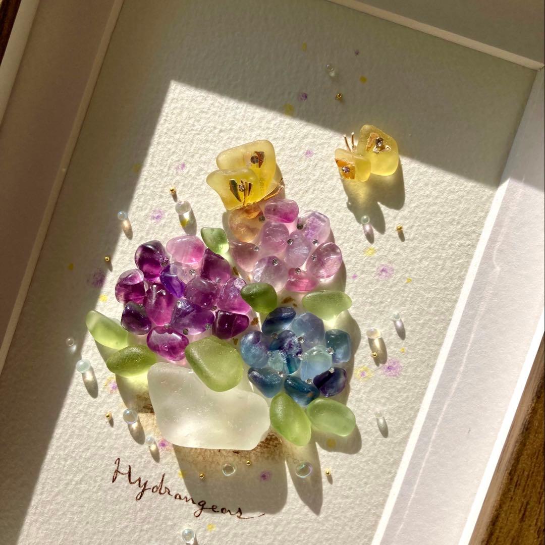 紫陽花と蝶　シーグラス／天然石／フレームアート／花／パープル