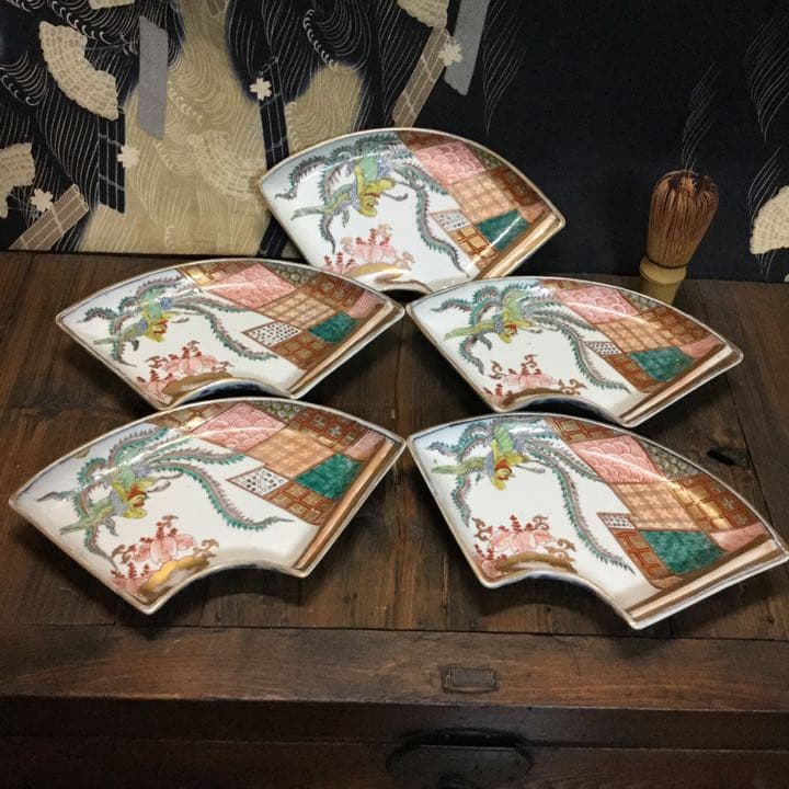 古伊万里　絵皿　金欄色絵　鳳凰桐紋　富貴長春　5客　江戸　大聖寺・九谷焼好きも