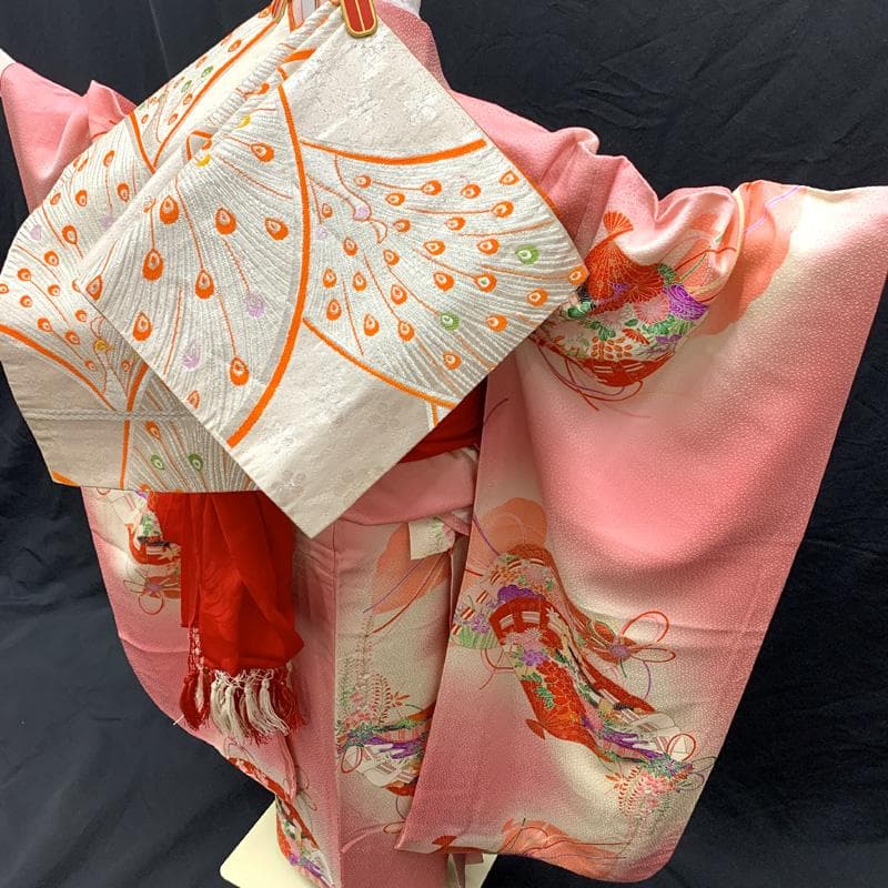 501ag29□七五三 七歳 女児 着物&袋帯 金彩 花扇 ピンク□美品