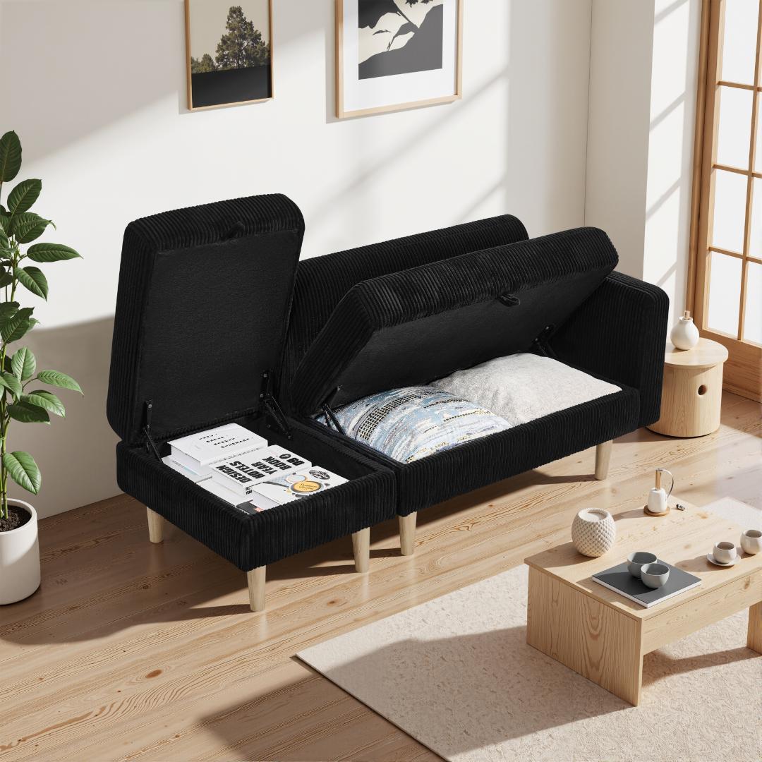 ソファ 2人掛け 収納付き オットマン付き ファブリック 肘掛け 木脚外し可能