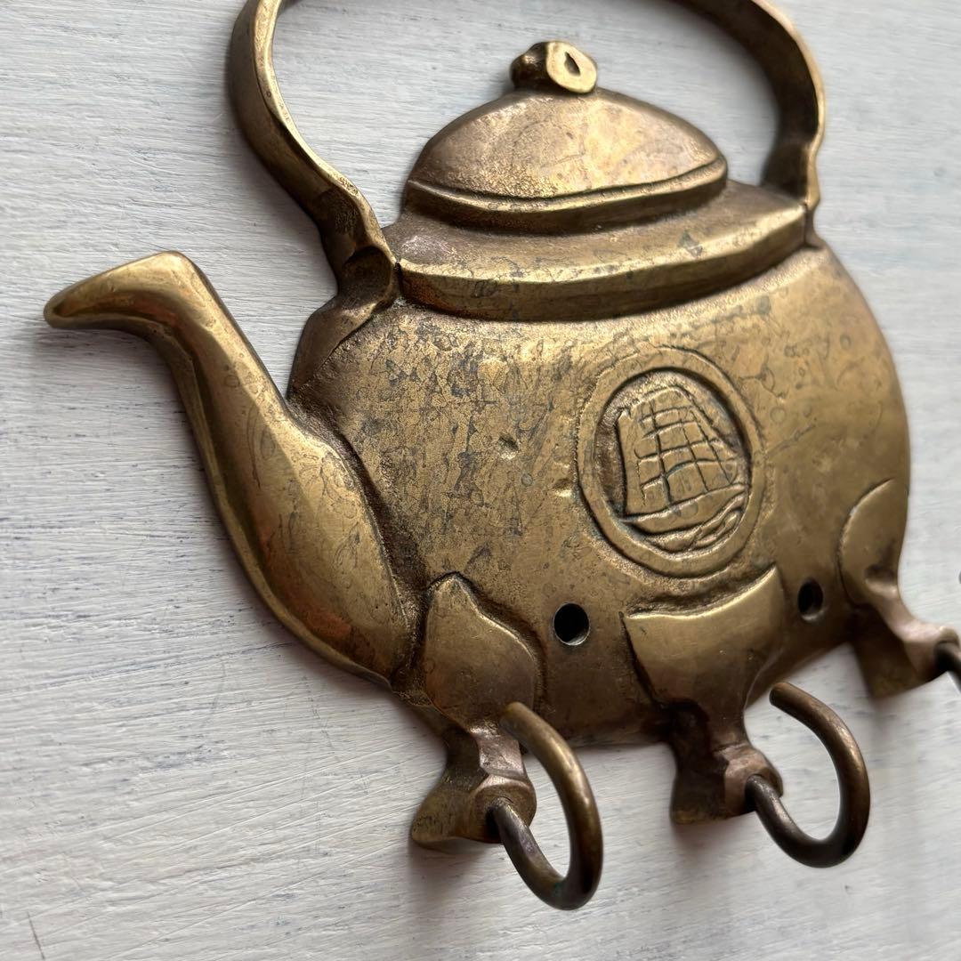 【イギリス】ヴィンテージ やかん ケトル デザイン3連 フック 真鍮 ゴールド