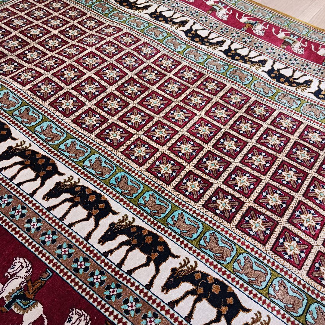 Y3130 ペルシャ絨毯 クム産 パジリク文様 シルク100％ 手織り　ma