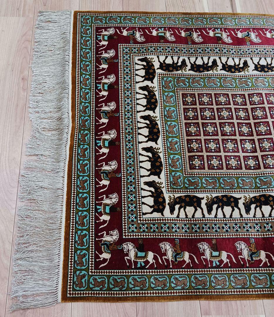 Y3130 ペルシャ絨毯 クム産 パジリク文様 シルク100％ 手織り　ma