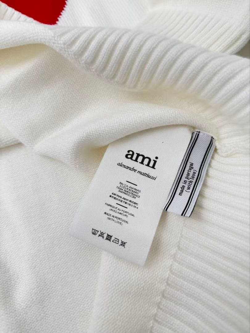 ami ホワイト ニットセーター 長袖 ハート刺繍