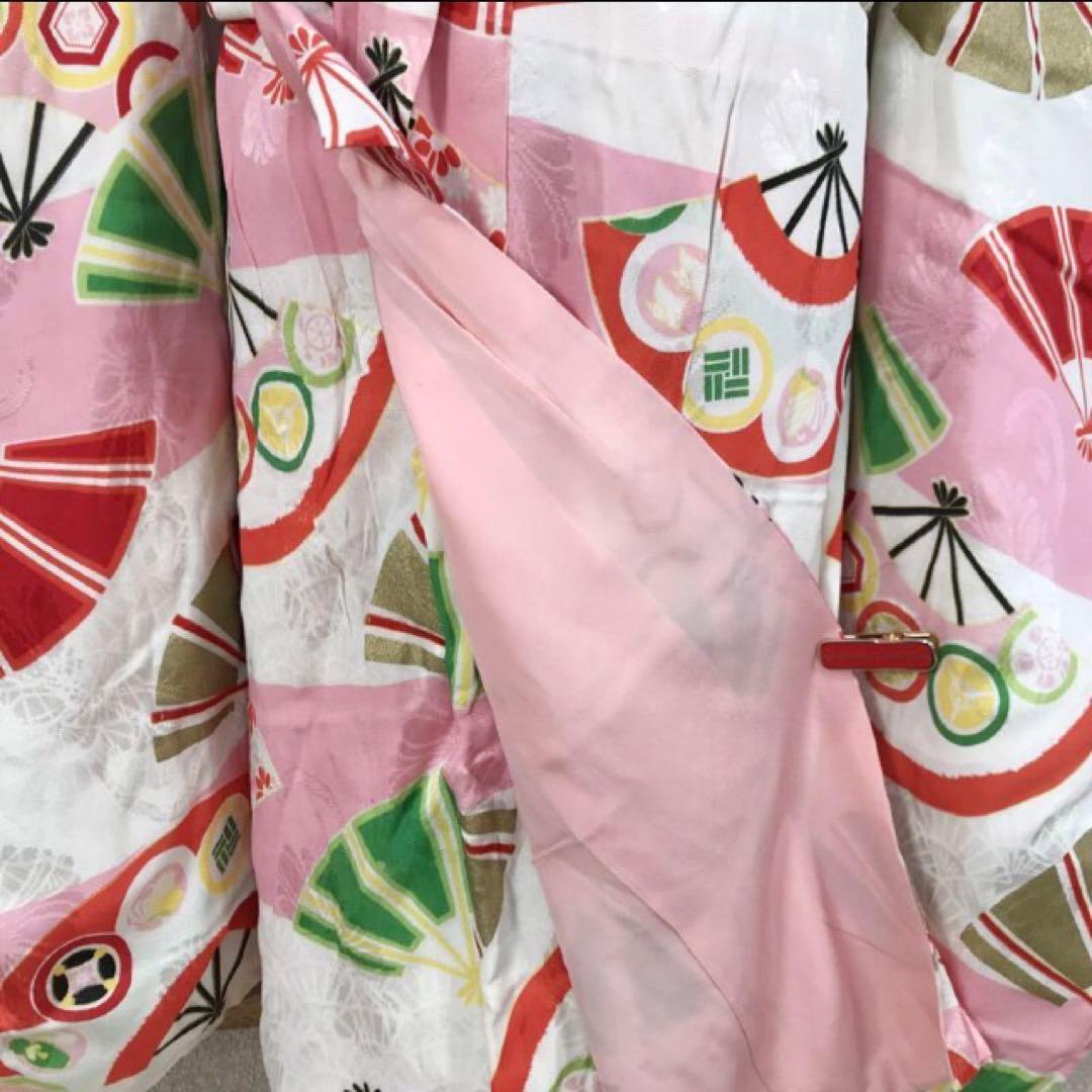 アンティーク着物　扇　古典　ピンク系　きもの帯他小物付き