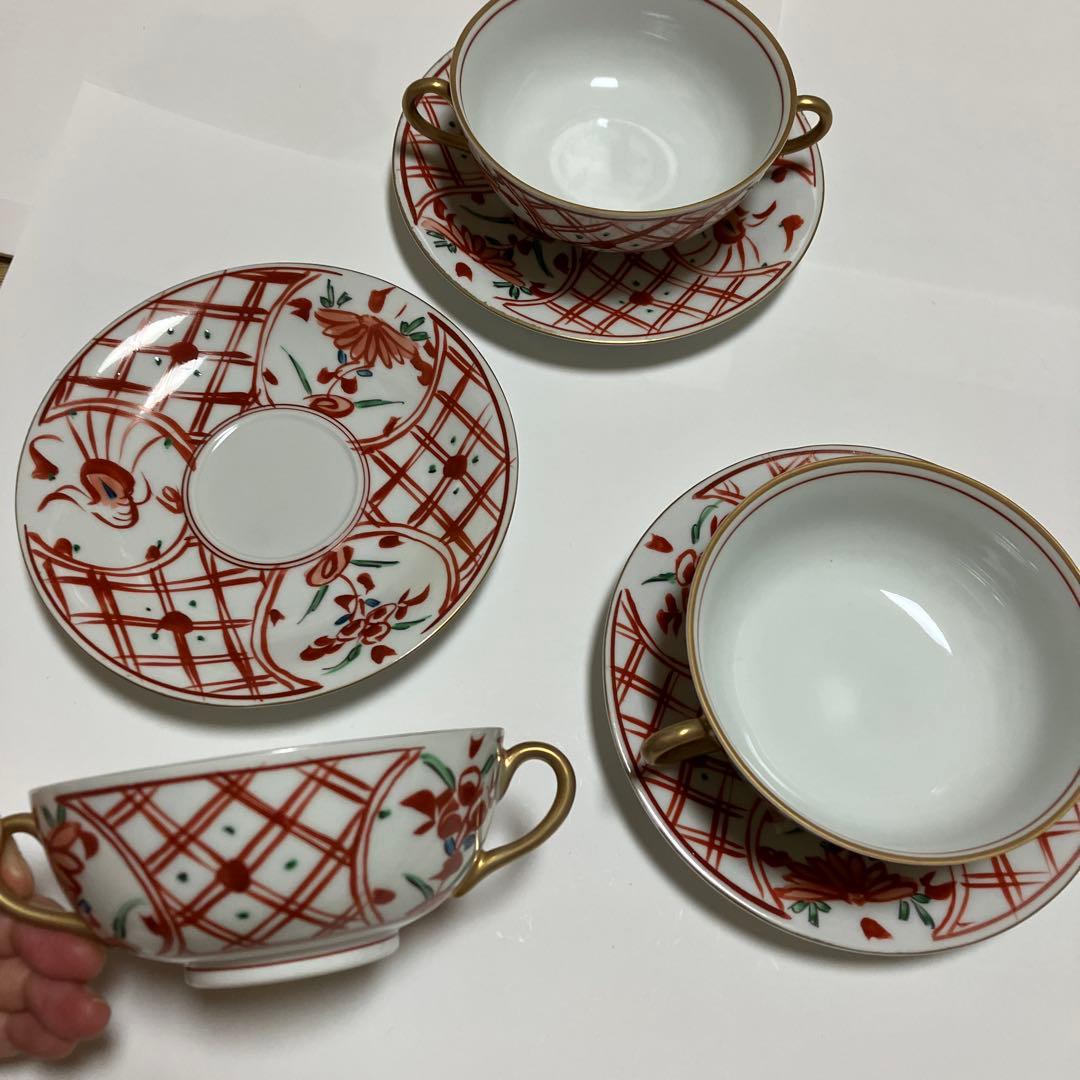 有田焼 福泉窯 手書き 赤絵 未使用 3客 スープカップ ソーサー
