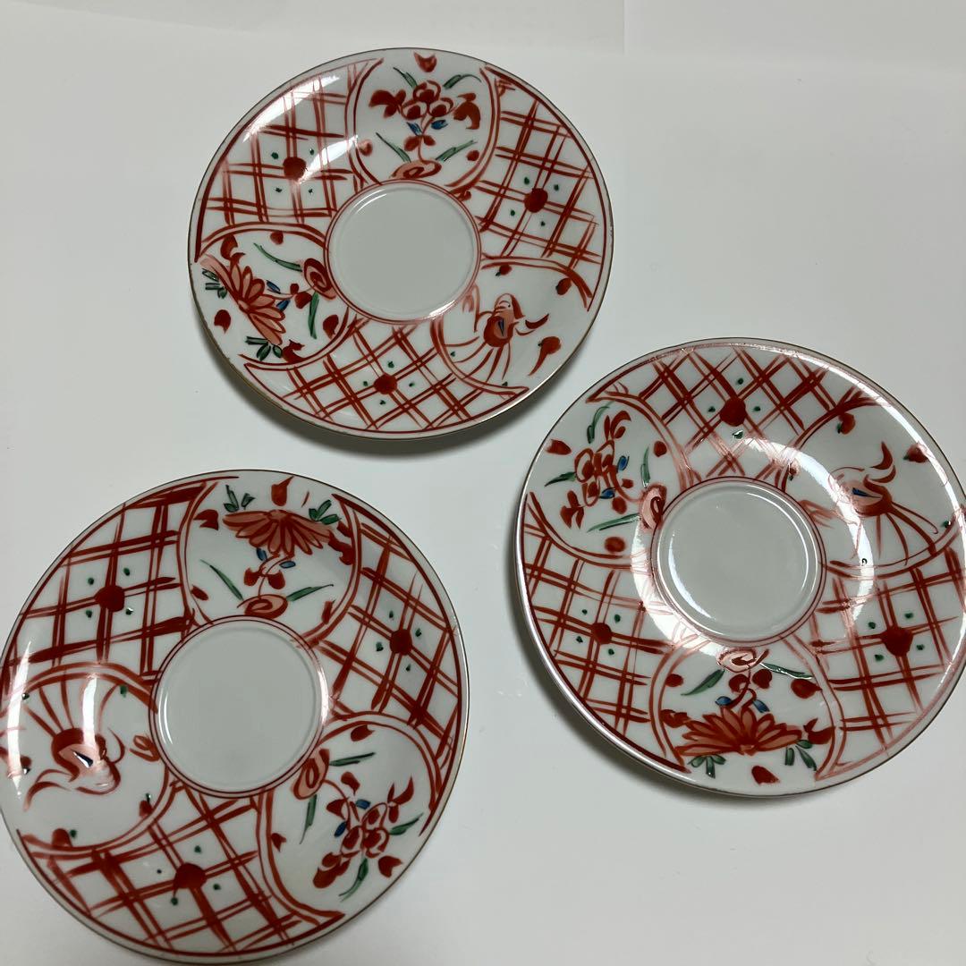 有田焼 福泉窯 手書き 赤絵 未使用 3客 スープカップ ソーサー