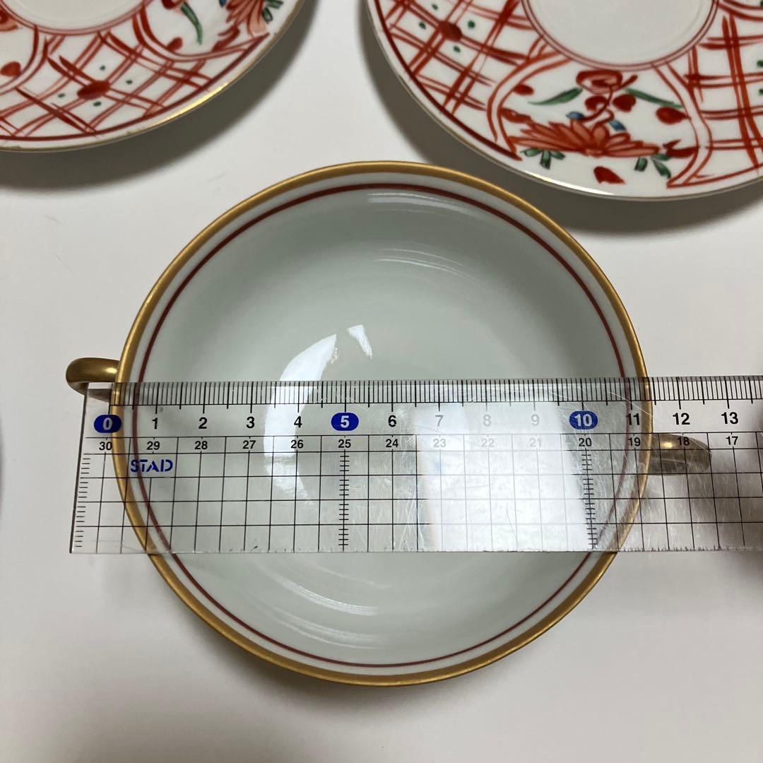 有田焼 福泉窯 手書き 赤絵 未使用 3客 スープカップ ソーサー