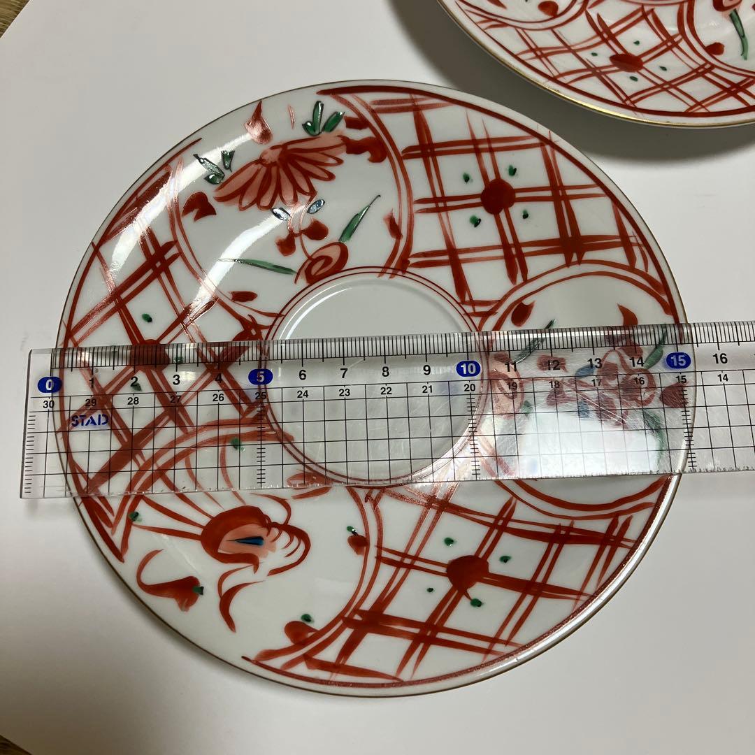 有田焼 福泉窯 手書き 赤絵 未使用 3客 スープカップ ソーサー
