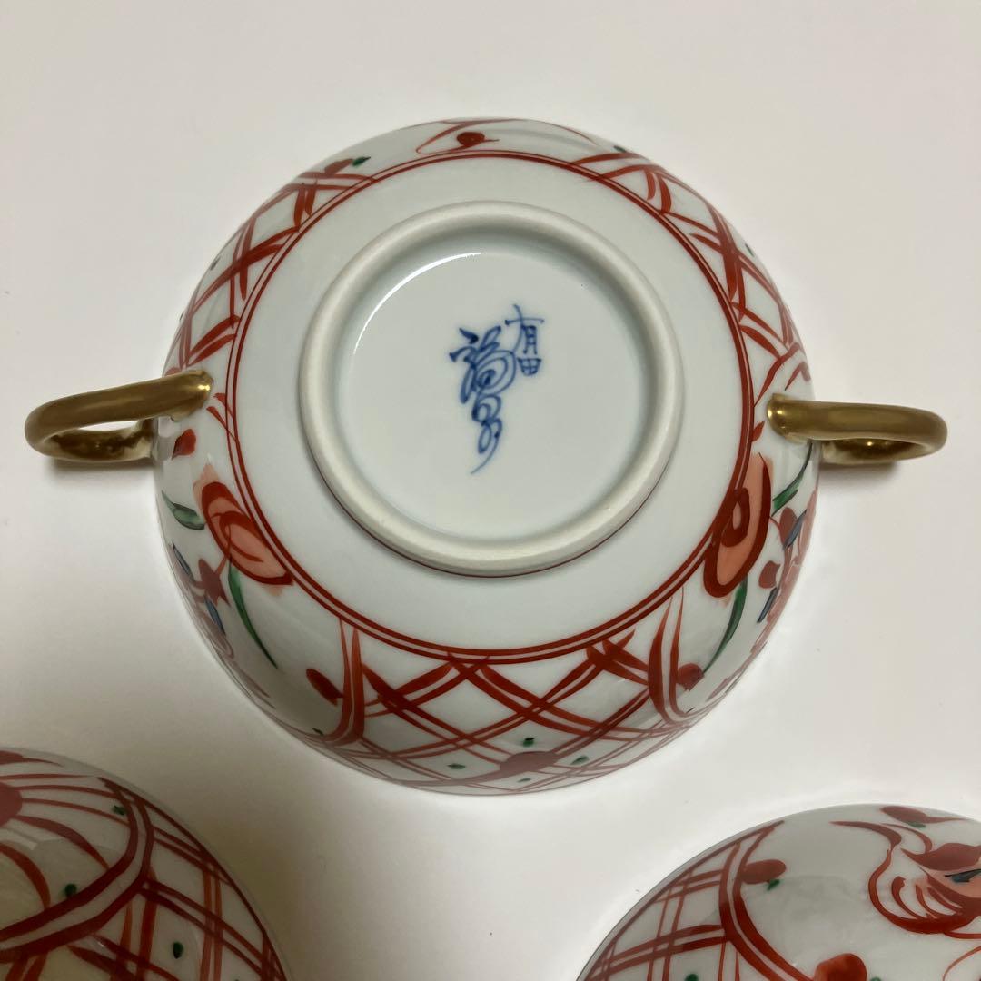 有田焼 福泉窯 手書き 赤絵 未使用 3客 スープカップ ソーサー